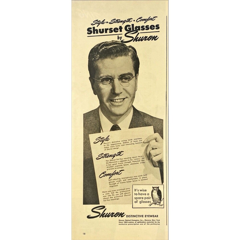 Shuron Shurset Glasses "Distinctive Eyewear" Vintage Print Ad 1946